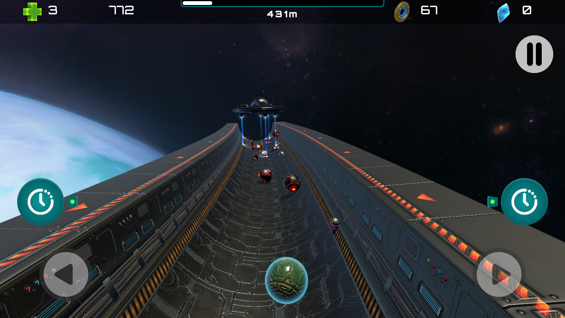 GravityBall — rolling down a curved track toward an alien craft in orbit