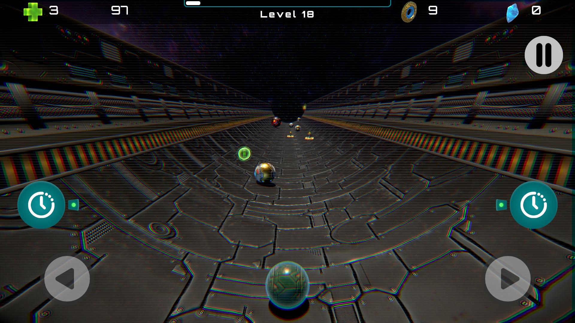 GravityBall — Level 18 with a time-distortion glitch effect