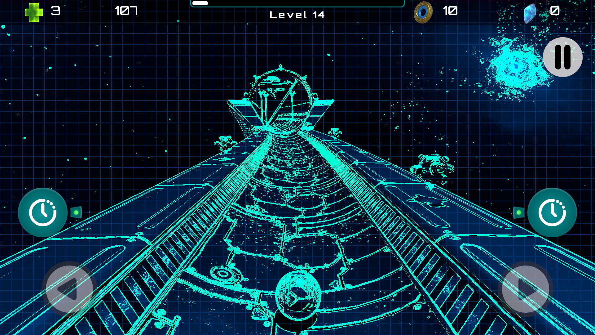 GravityBall — Level 14 rendered in a neon wireframe style
